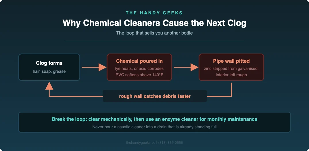 Flow diagram showing a clog leads to chemical cleaner use, which pits the pipe wall, which catches debris faster and causes the next clog