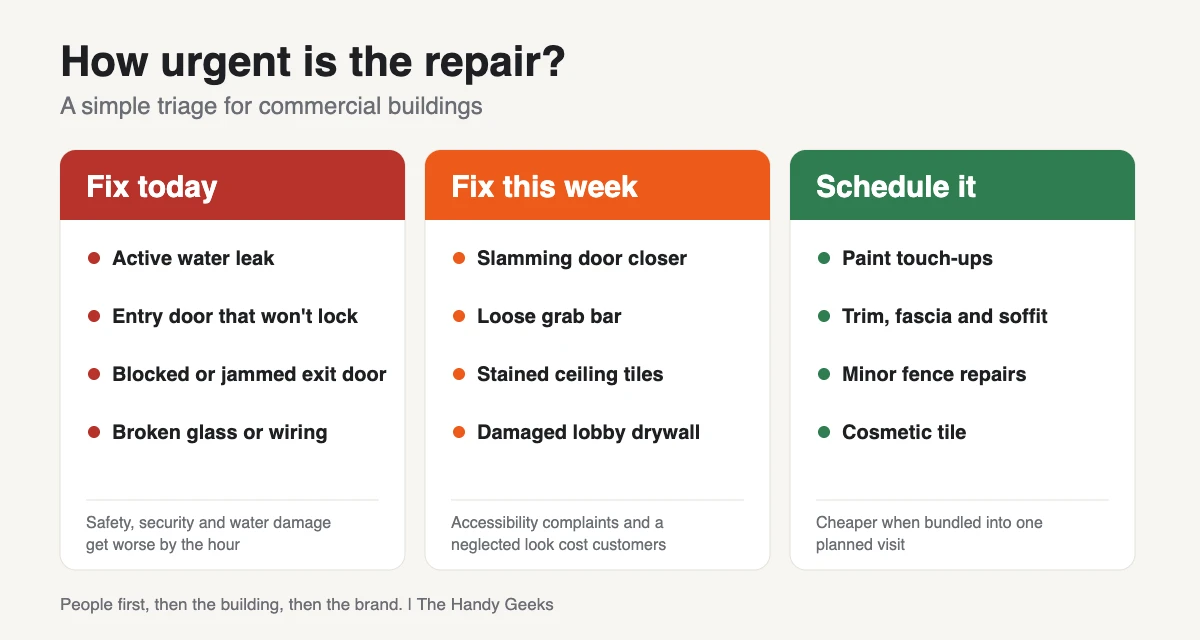 Commercial building repair triage chart sorting repairs into fix today, fix this week and schedule it, with examples such as active leaks, slamming door closers and paint touch-ups