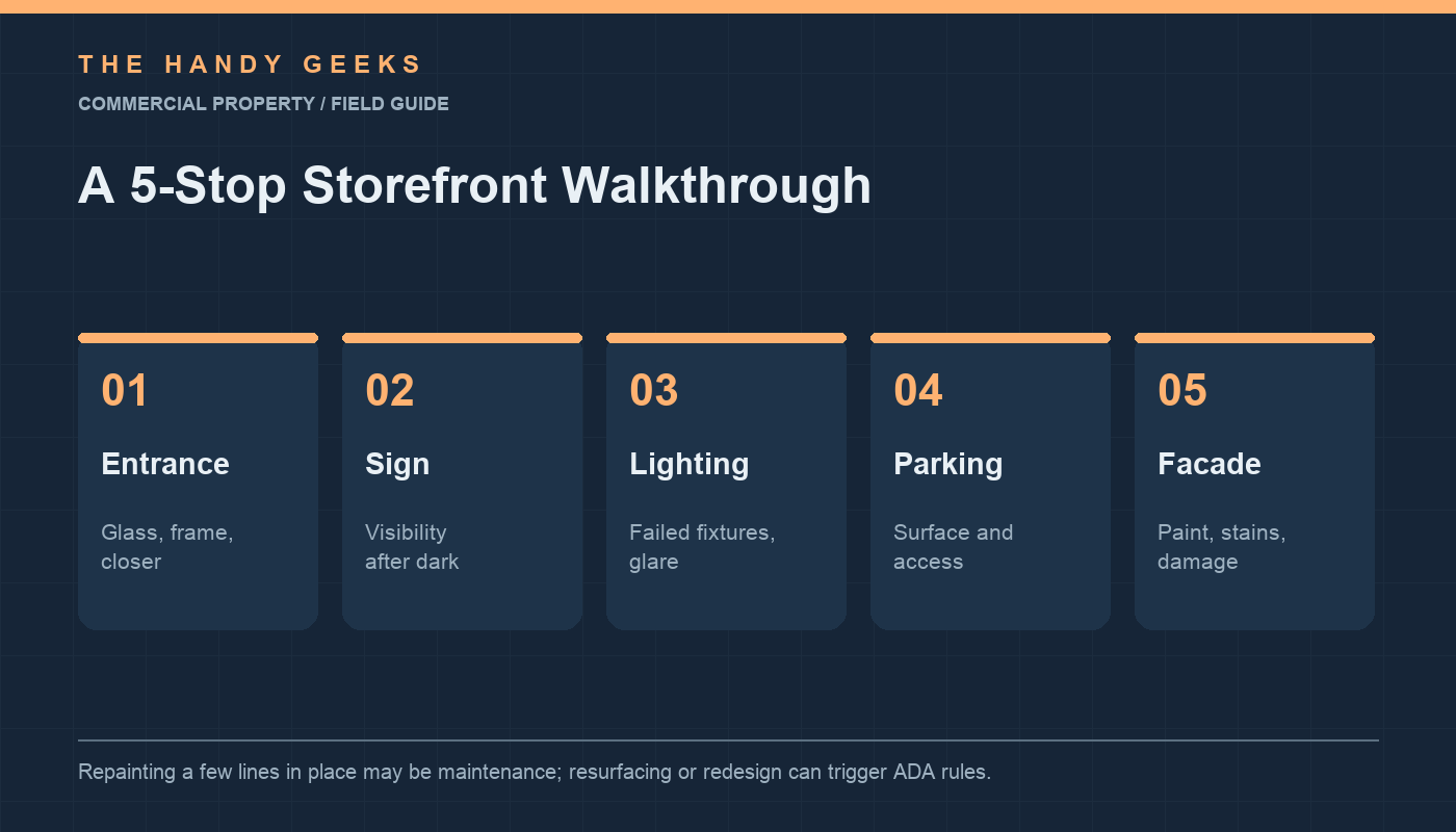 Five-stop commercial curb appeal walkthrough covering entrance, sign, lighting, parking and facade