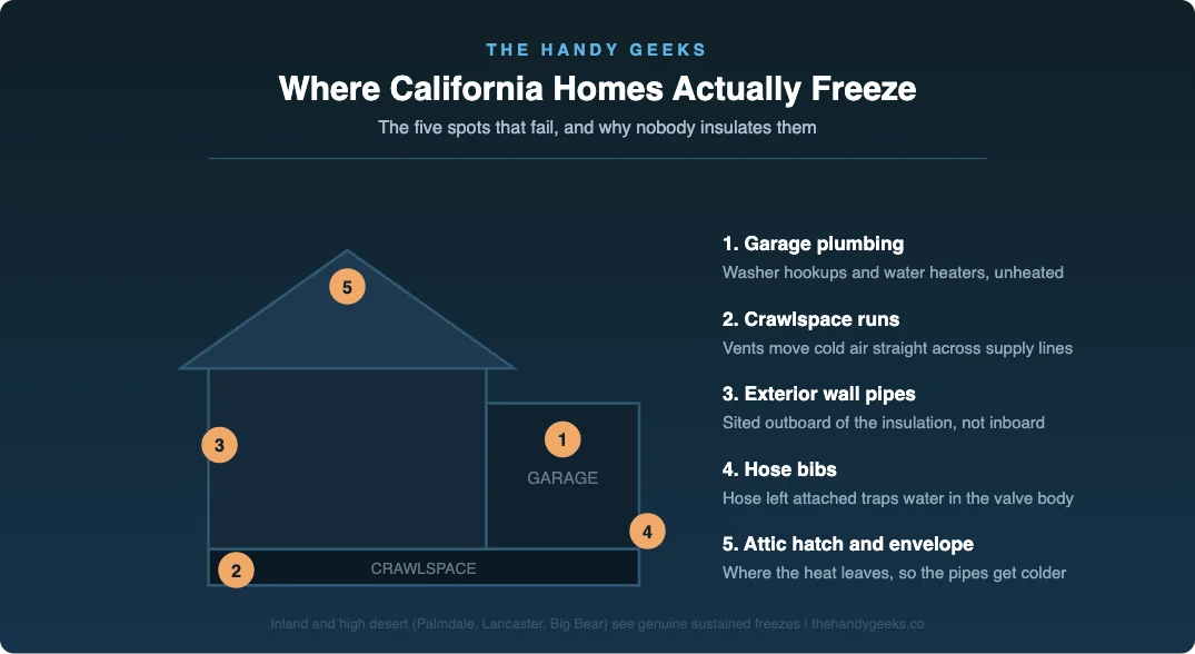House cutaway diagram marking the five freeze risk points in California homes: garage plumbing, crawlspace runs, exterior wall pipes, hose bibs and the attic hatch