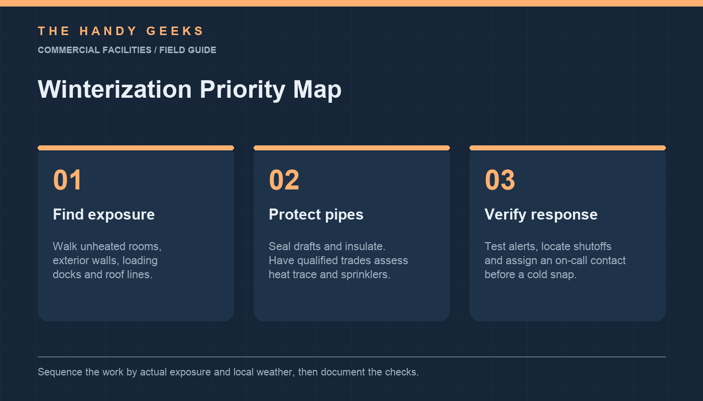 Three-part commercial building winterization checklist: find exposed pipes, protect them, and verify the response plan
