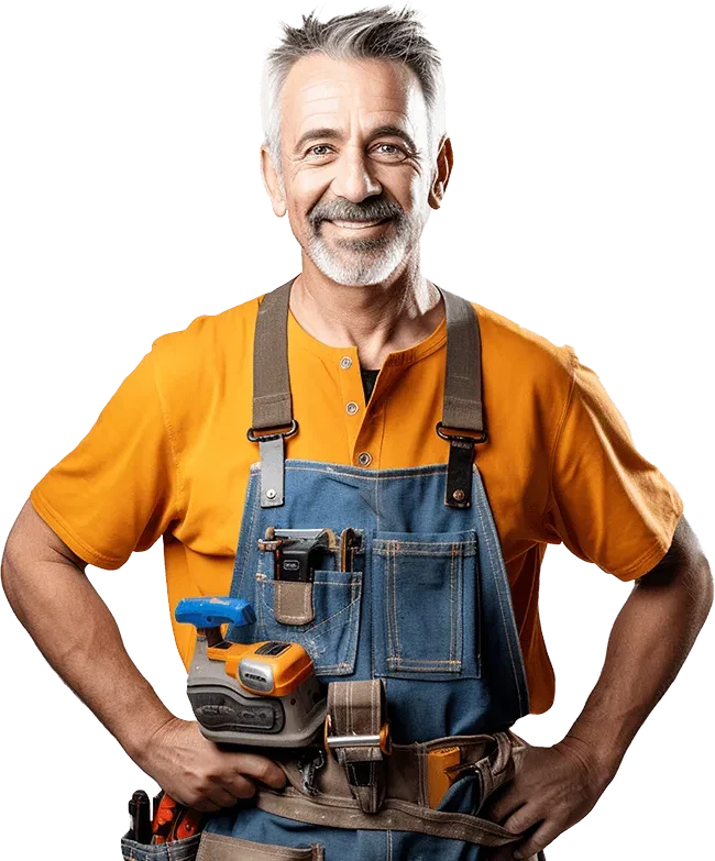 The Handy Geeks mascot, a smiling handyman in an orange shirt with a tool belt